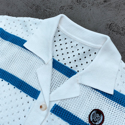 Crochet Knit Set - White Blue Stripe Camp Collar Shirt Shorts Y2K Vacation Streetwear