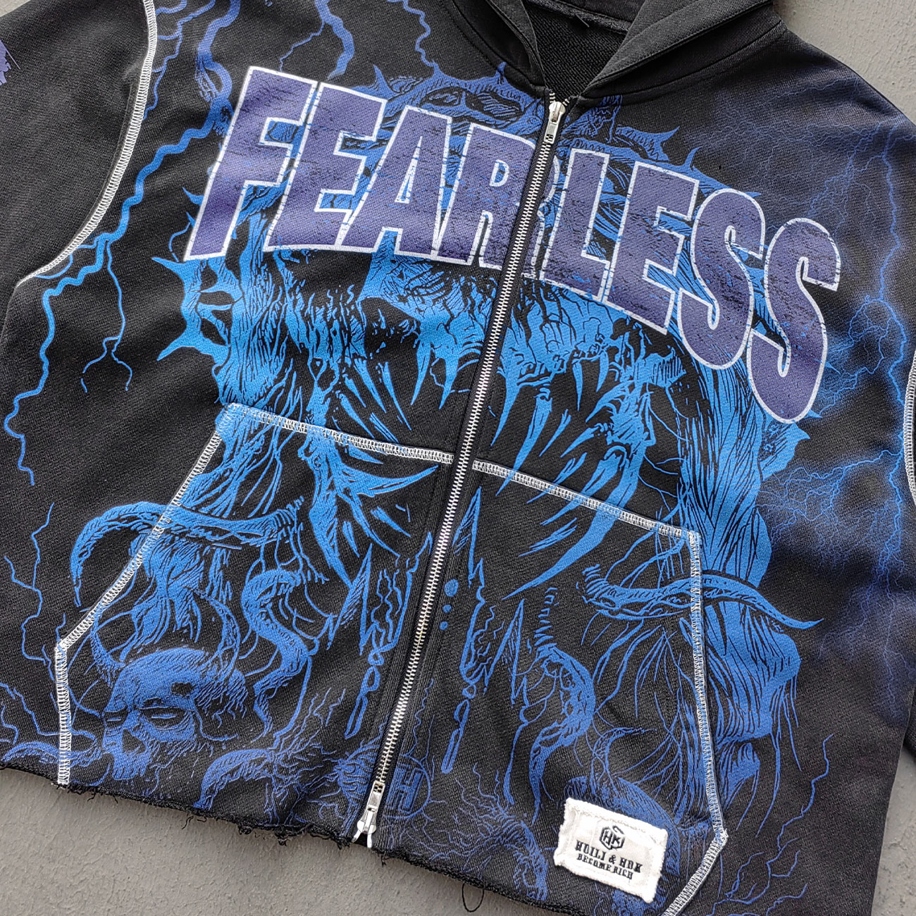 Distressed Zip Up Hoodie - FEARLESS Skull Print Vintage Streetwear