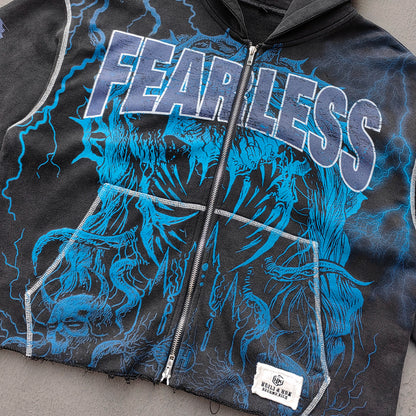 Distressed Zip Up Hoodie - FEARLESS Skull Print Vintage Streetwear