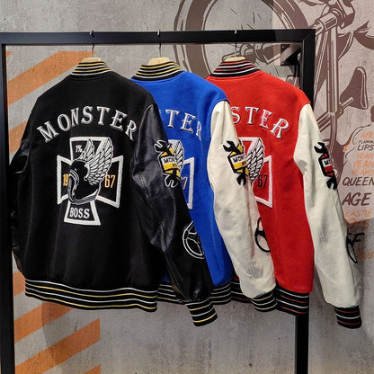 factory wholesale custom logo chenille embroidery letterman varsity jacket with leather sleeves