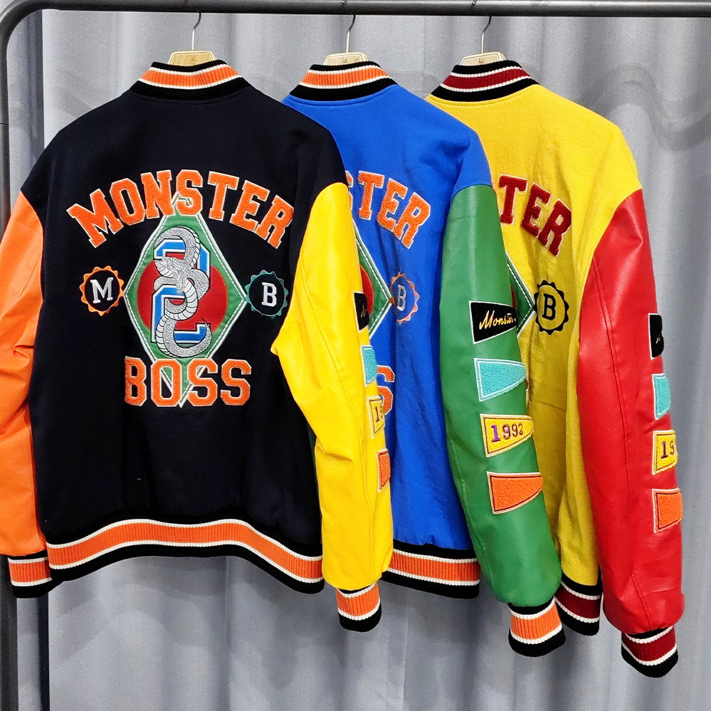 Huili factory wholesale custom logo chenille embroidery letterman varsity jacket with leather sleeves