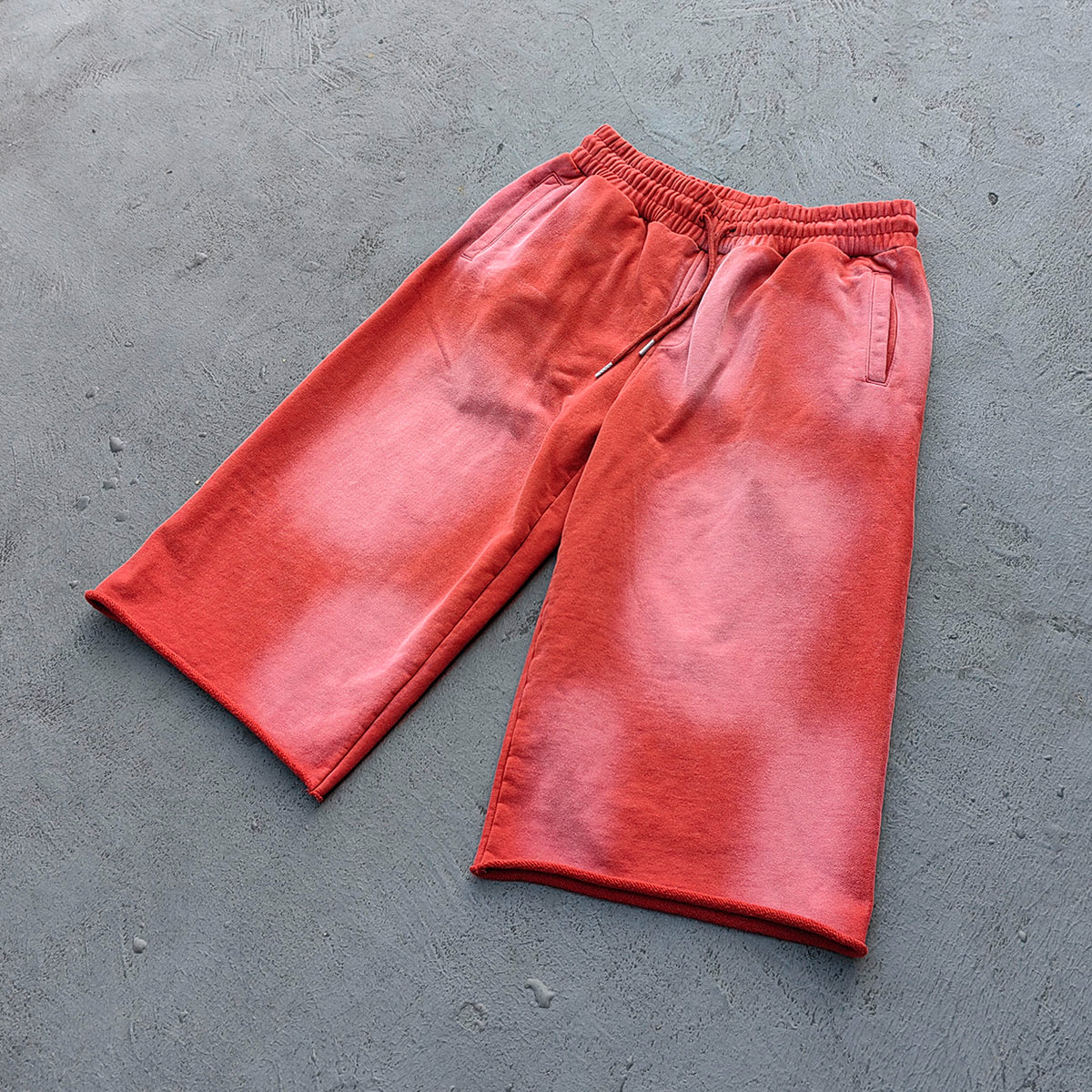 Acid Wash Sweat Shorts - Brick Red Rust Gradient Frayed Hem Raw Edge Y2K Streetwear