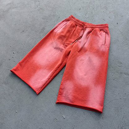 Acid Wash Sweat Shorts - Brick Red Rust Gradient Frayed Hem Raw Edge Y2K Streetwear