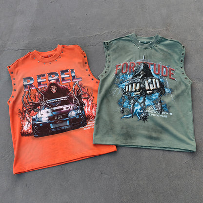 Studded Sleeveless Graphic Tee - Skull Rebel Print Y2K Rock Streetwear