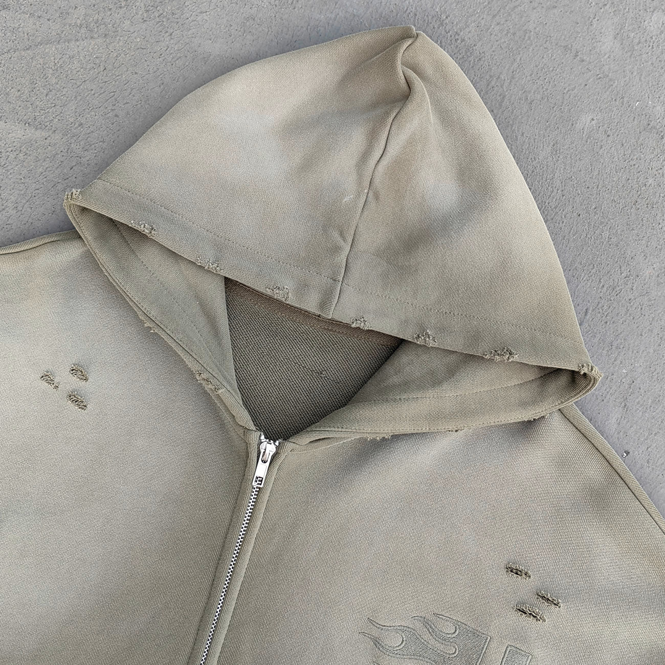 Distressed Zip Up Hoodie - Olive Gradient Wash Frayed Y2K Streetwear