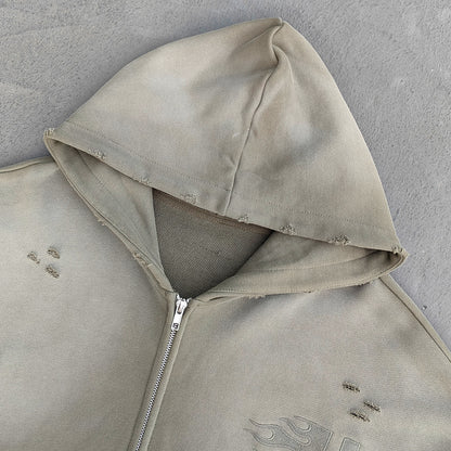 Distressed Zip Up Hoodie - Olive Gradient Wash Frayed Y2K Streetwear