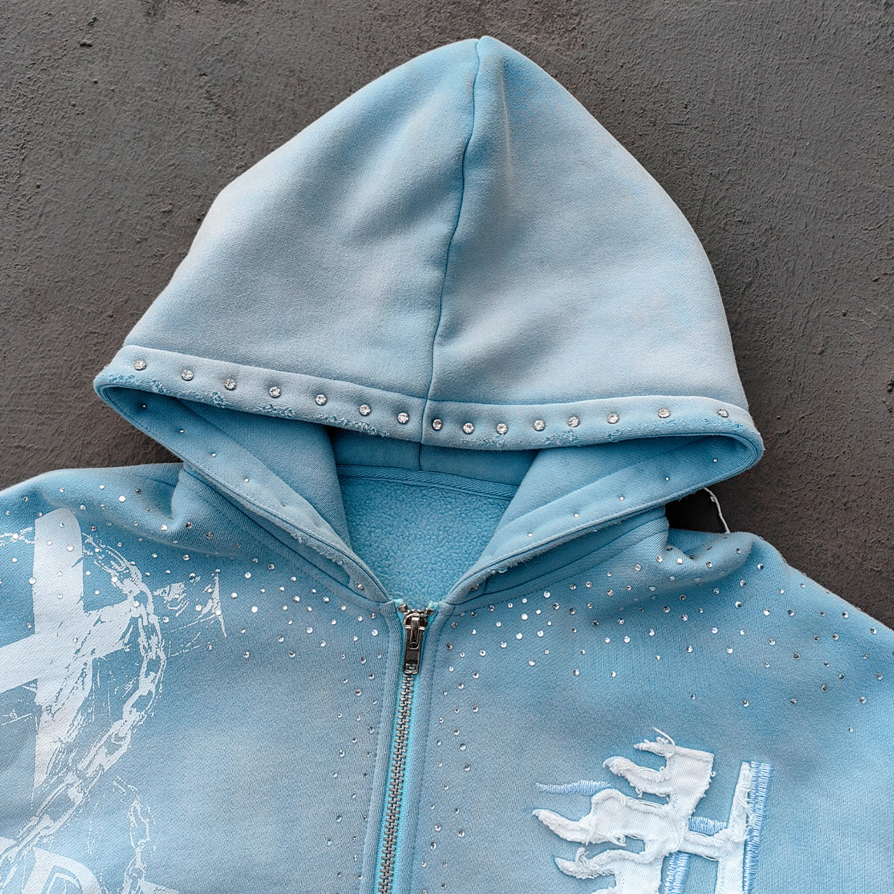 Light Blue Rhinestone Chain Tracksuit - Y2K Gradient Wash Matching Set