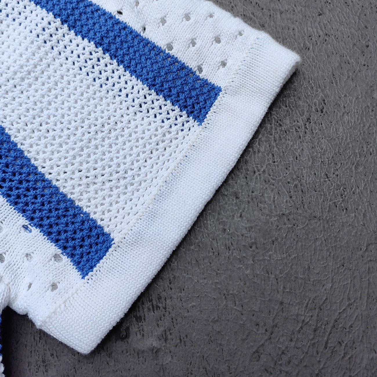 Crochet Knit Set - White Blue Stripe Camp Collar Shirt Shorts Y2K Vacation Streetwear