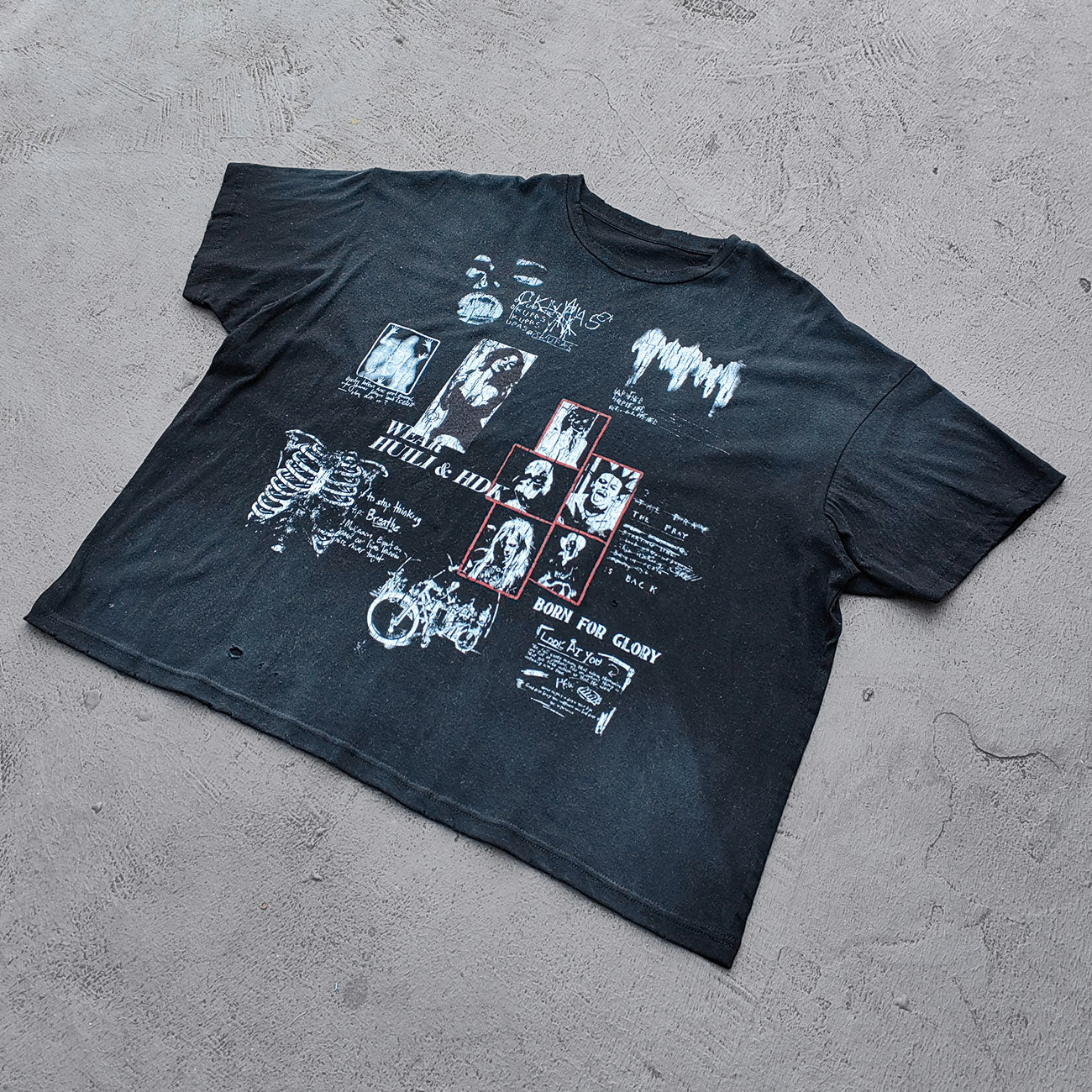 HUILI HDK Graphic Tee - Black Dirty Wash Punk Rock Collage Print Skeleton Ribcage Distressed Y2K Streetwear
