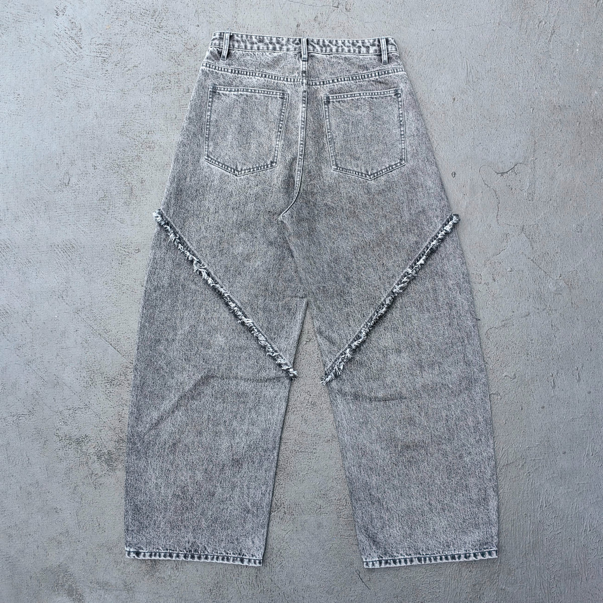 Y2K Deconstructed Jeans - Smoke Gray Wash Geometric Patchwork Vertical Seam Side Frayed Wide Leg Baggy