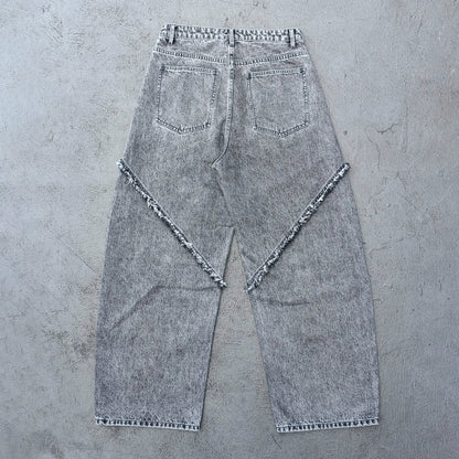 Y2K Deconstructed Jeans - Smoke Gray Wash Geometric Patchwork Vertical Seam Side Frayed Wide Leg Baggy