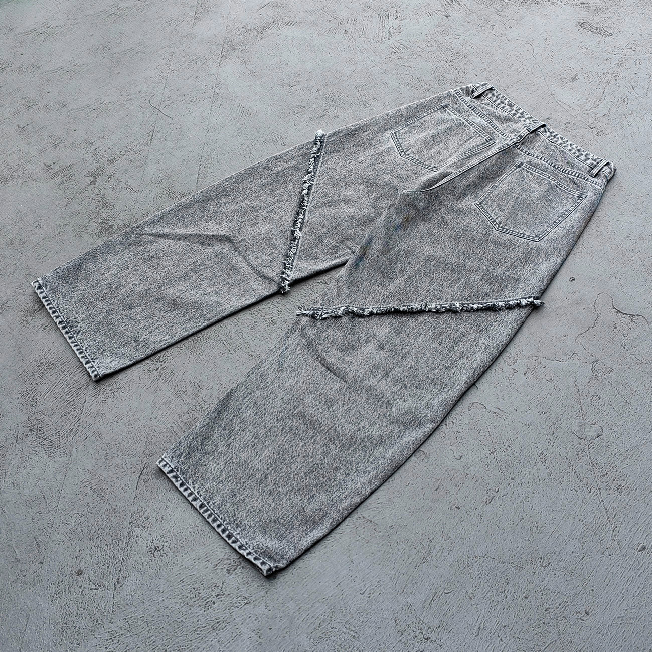 Y2K Deconstructed Jeans - Smoke Gray Wash Geometric Patchwork Vertical Seam Side Frayed Wide Leg Baggy