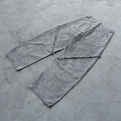 Y2K Deconstructed Jeans - Smoke Gray Wash Geometric Patchwork Vertical Seam Side Frayed Wide Leg Baggy