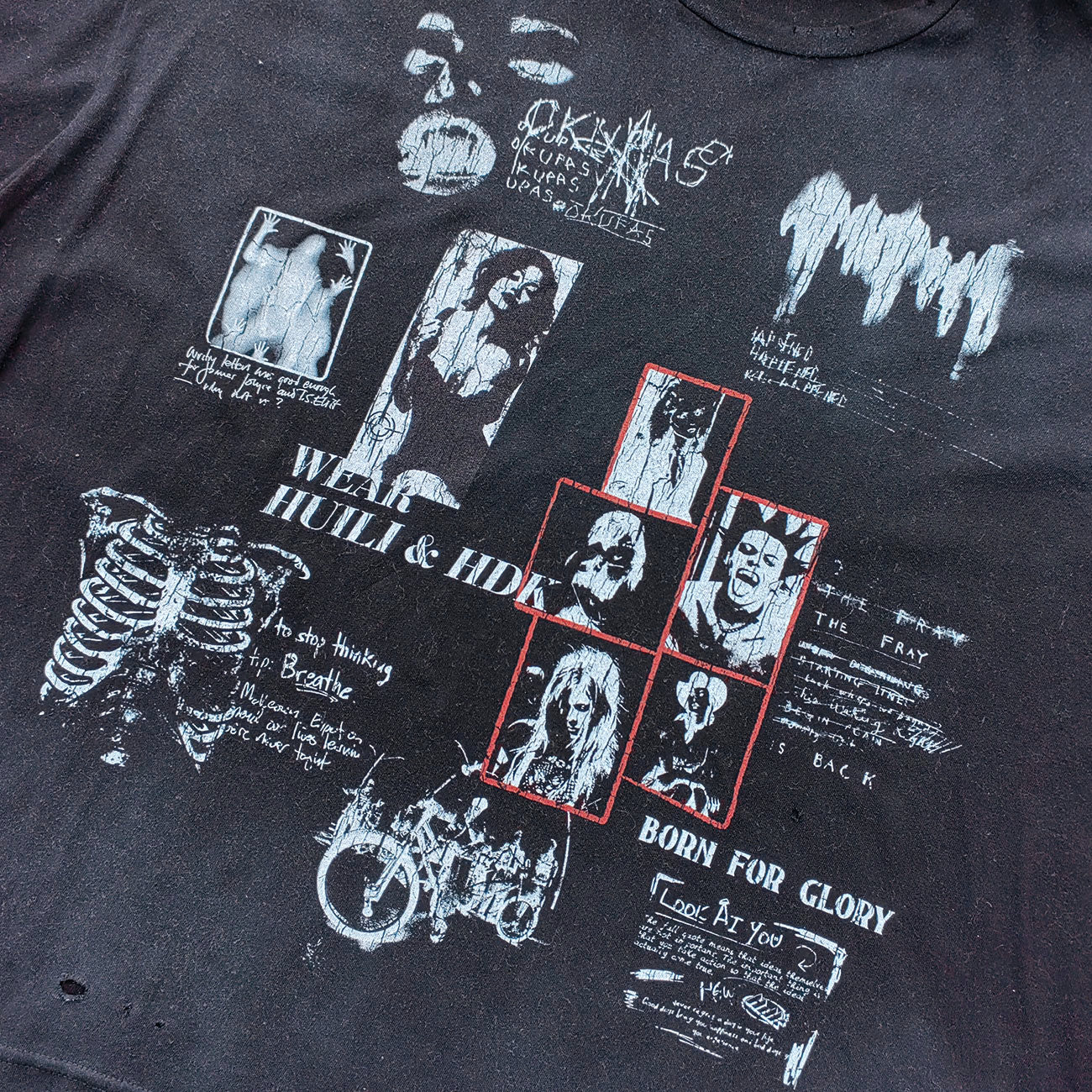 HUILI HDK Graphic Tee - Black Dirty Wash Punk Rock Collage Print Skeleton Ribcage Distressed Y2K Streetwear