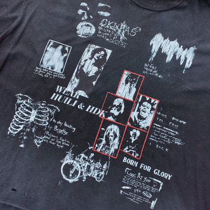 HUILI HDK Graphic Tee - Black Dirty Wash Punk Rock Collage Print Skeleton Ribcage Distressed Y2K Streetwear