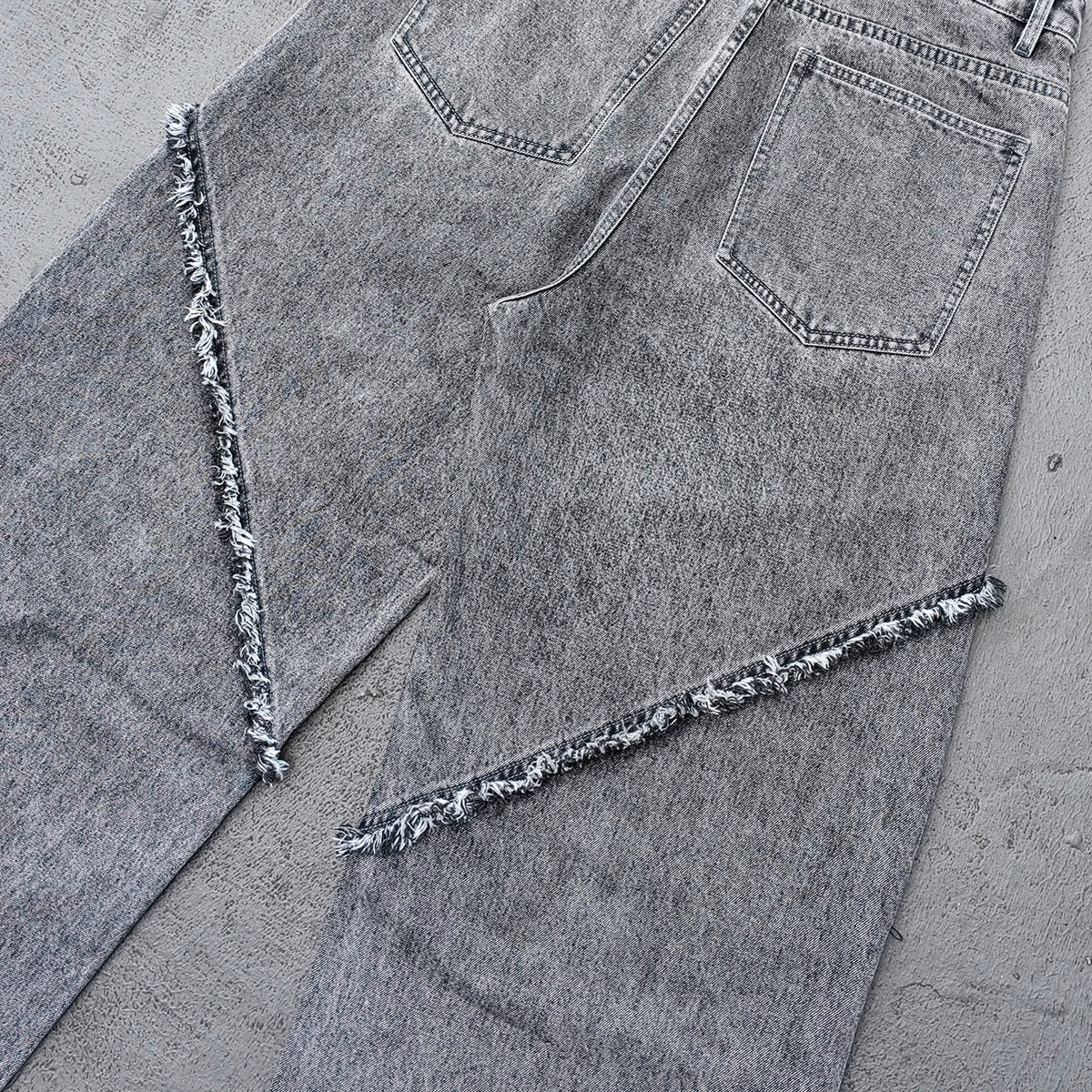 Y2K Deconstructed Jeans - Smoke Gray Wash Geometric Patchwork Vertical Seam Side Frayed Wide Leg Baggy