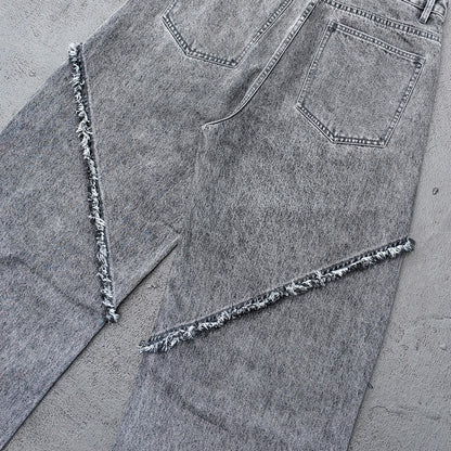 Y2K Deconstructed Jeans - Smoke Gray Wash Geometric Patchwork Vertical Seam Side Frayed Wide Leg Baggy