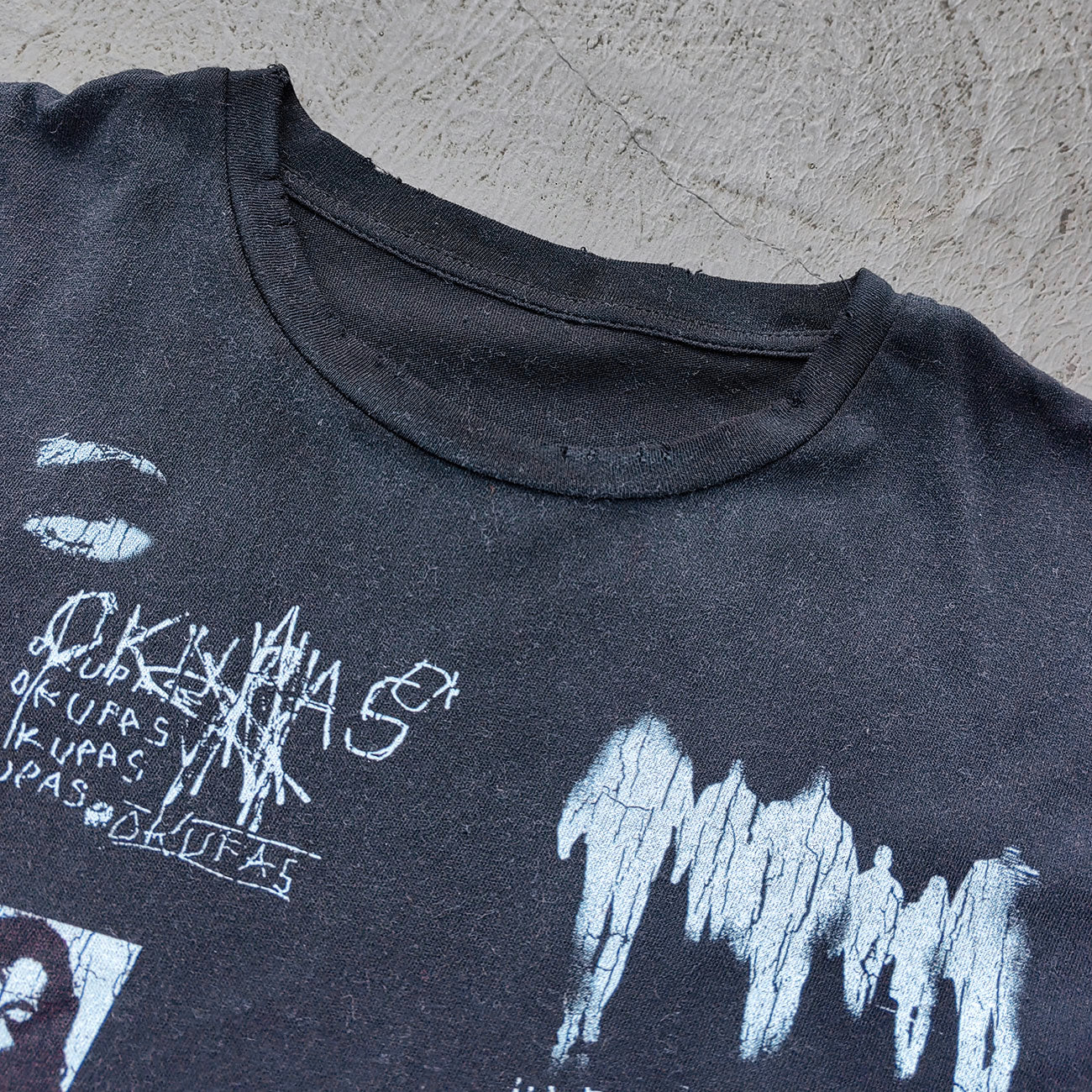 HUILI HDK Graphic Tee - Black Dirty Wash Punk Rock Collage Print Skeleton Ribcage Distressed Y2K Streetwear