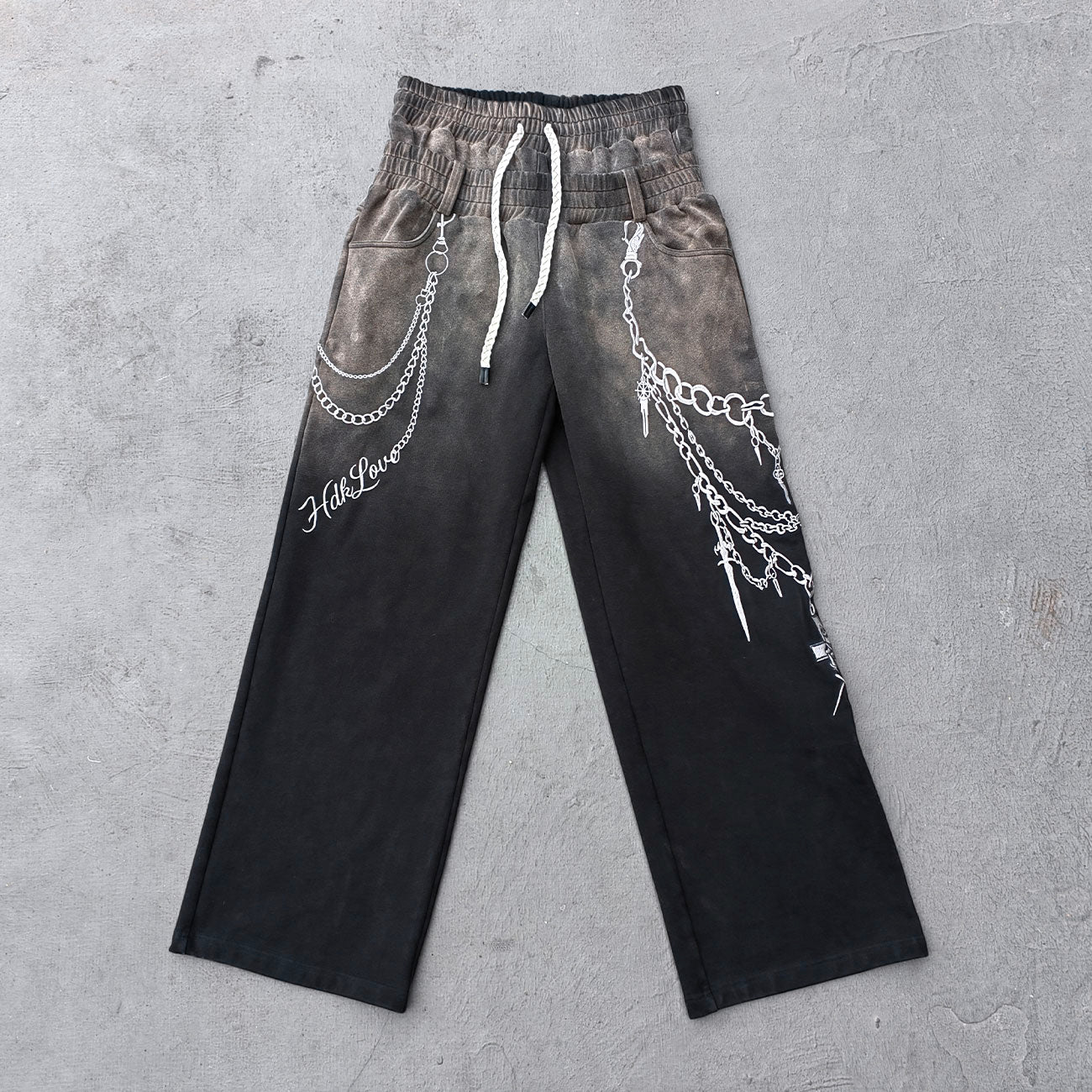 Chain Print Sweatpants - Black Brown Gradient High Waist Wide Leg Y2K Gothic Streetwear