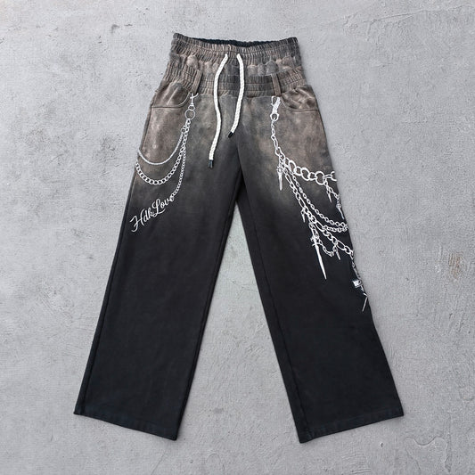 Chain Print Sweatpants - Black Brown Gradient High Waist Wide Leg Y2K Gothic Streetwear