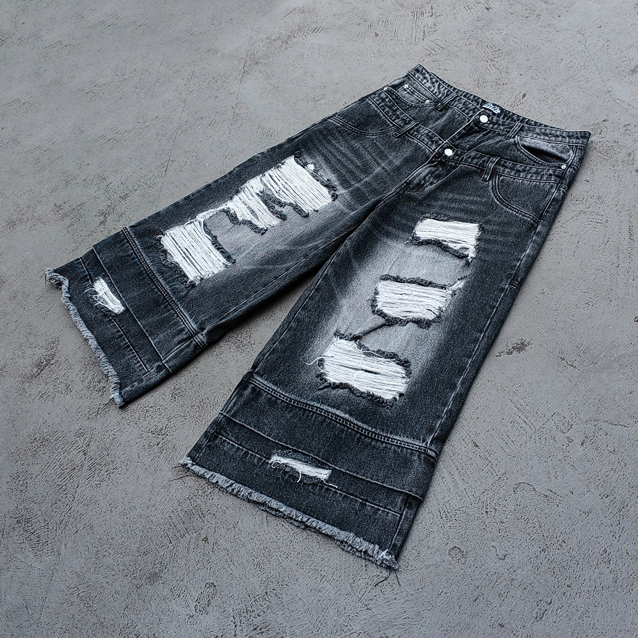 Wide Leg Jeans - Black Gray Acid Wash Double Waistband Heavy Ripped Distressed Frayed Hem Y2K Streetwear