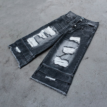 Wide Leg Jeans - Black Gray Acid Wash Double Waistband Heavy Ripped Distressed Frayed Hem Y2K Streetwear