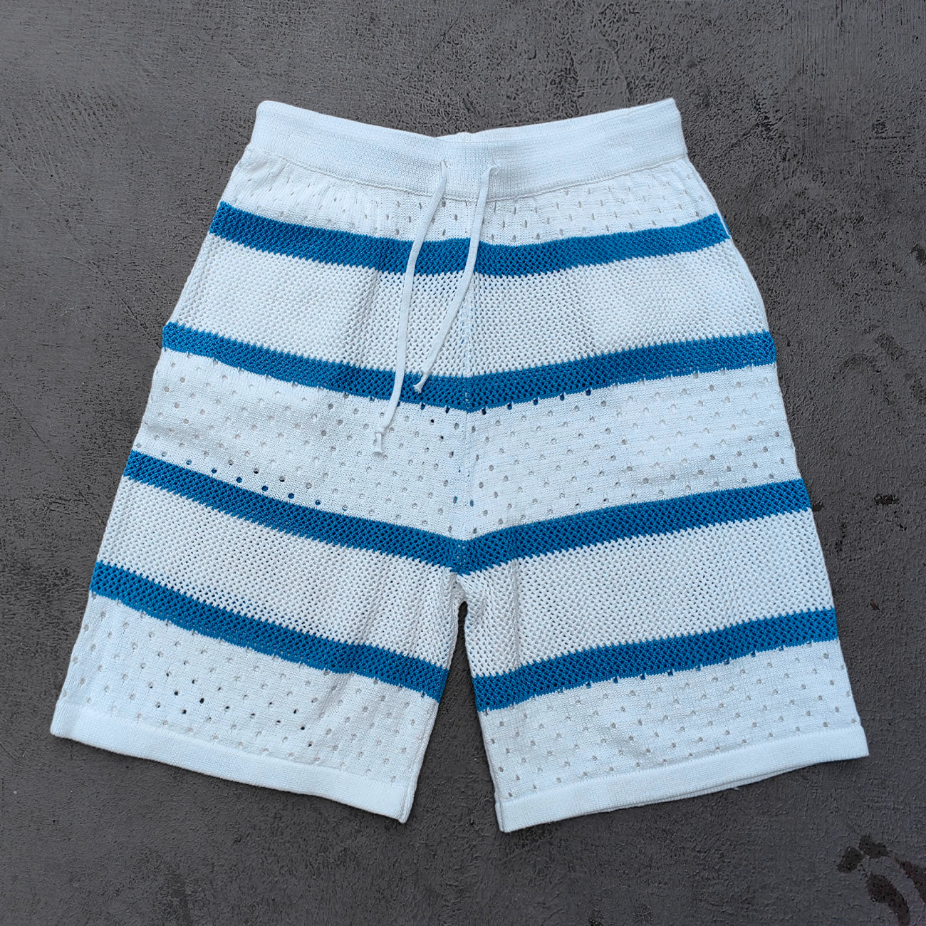 Crochet Knit Set - White Blue Stripe Camp Collar Shirt Shorts Y2K Vacation Streetwear