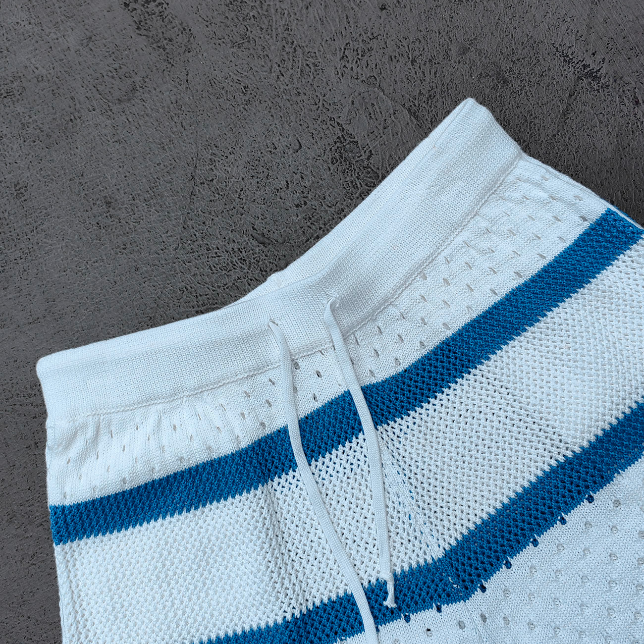 Crochet Knit Set - White Blue Stripe Camp Collar Shirt Shorts Y2K Vacation Streetwear