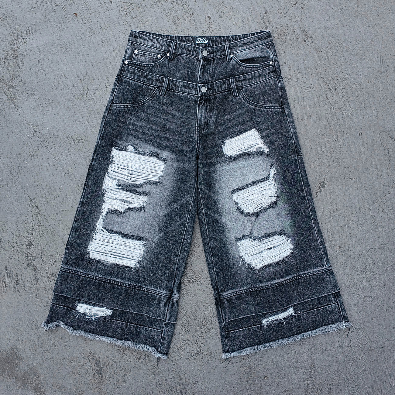 Wide Leg Jeans - Black Gray Acid Wash Double Waistband Heavy Ripped Distressed Frayed Hem Y2K Streetwear