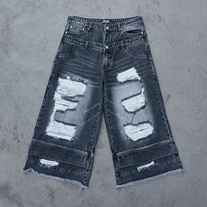 Wide Leg Jeans - Black Gray Acid Wash Double Waistband Heavy Ripped Distressed Frayed Hem Y2K Streetwear