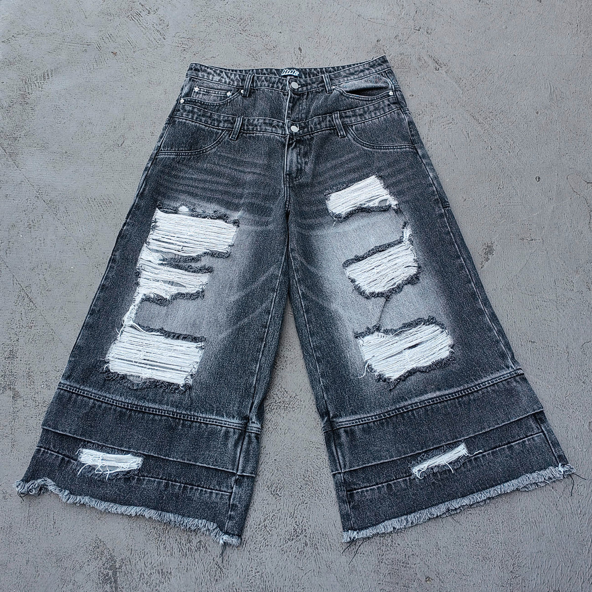 Wide Leg Jeans - Black Gray Acid Wash Double Waistband Heavy Ripped Distressed Frayed Hem Y2K Streetwear