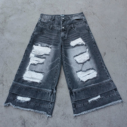 Wide Leg Jeans - Black Gray Acid Wash Double Waistband Heavy Ripped Distressed Frayed Hem Y2K Streetwear