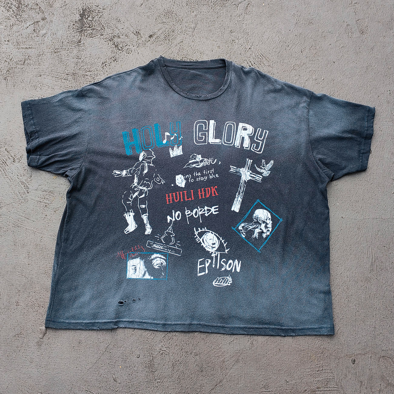 Holy Glory Graphic Tee - Slate Blue Dirty Wash Graffiti Collage Print Distressed Ripped Y2K Streetwear