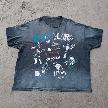 Holy Glory Graphic Tee - Slate Blue Dirty Wash Graffiti Collage Print Distressed Ripped Y2K Streetwear