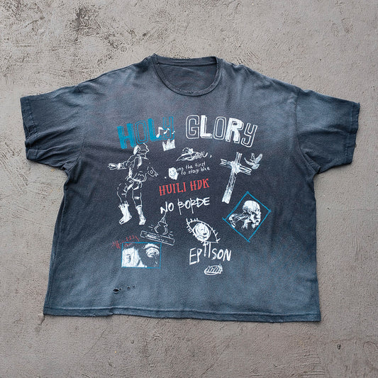 Holy Glory Graphic Tee - Slate Blue Dirty Wash Graffiti Collage Print Distressed Ripped Y2K Streetwear
