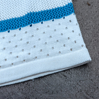 Crochet Knit Set - White Blue Stripe Camp Collar Shirt Shorts Y2K Vacation Streetwear