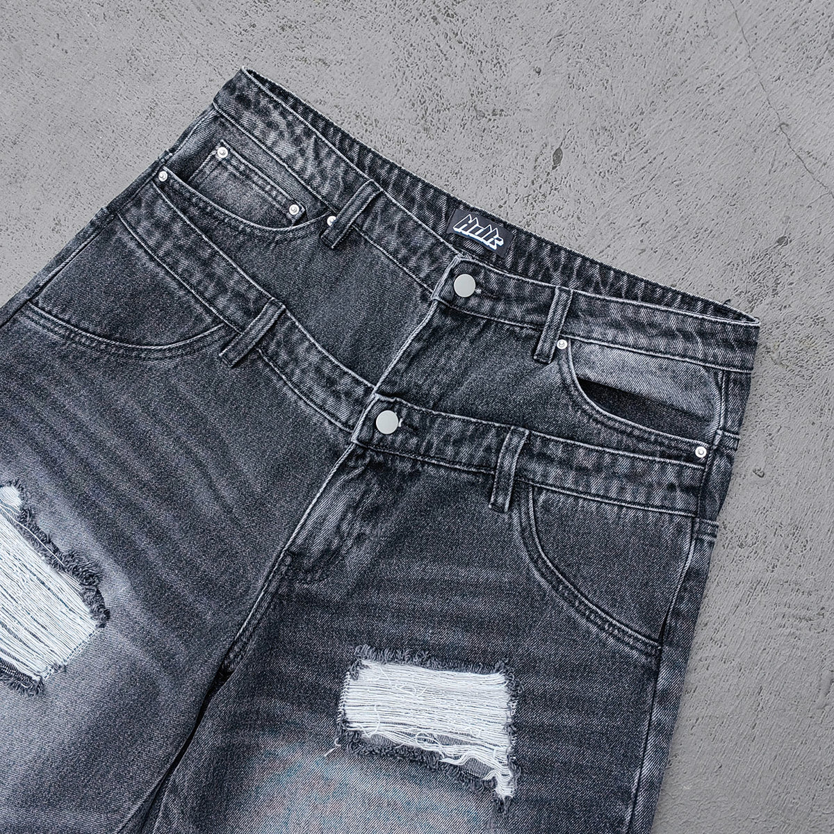 Wide Leg Jeans - Black Gray Acid Wash Double Waistband Heavy Ripped Distressed Frayed Hem Y2K Streetwear