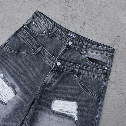 Wide Leg Jeans - Black Gray Acid Wash Double Waistband Heavy Ripped Distressed Frayed Hem Y2K Streetwear