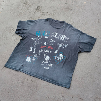 Holy Glory Graphic Tee - Slate Blue Dirty Wash Graffiti Collage Print Distressed Ripped Y2K Streetwear