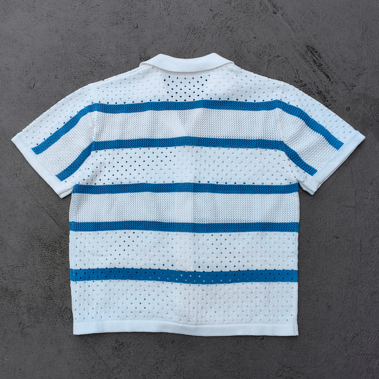 Crochet Knit Set - White Blue Stripe Camp Collar Shirt Shorts Y2K Vacation Streetwear