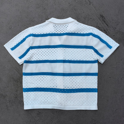 Crochet Knit Set - White Blue Stripe Camp Collar Shirt Shorts Y2K Vacation Streetwear