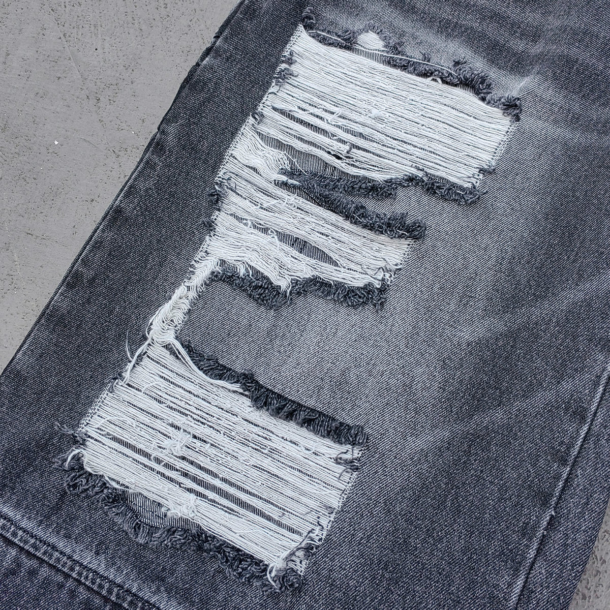 Wide Leg Jeans - Black Gray Acid Wash Double Waistband Heavy Ripped Distressed Frayed Hem Y2K Streetwear