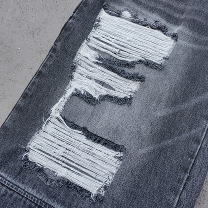 Wide Leg Jeans - Black Gray Acid Wash Double Waistband Heavy Ripped Distressed Frayed Hem Y2K Streetwear