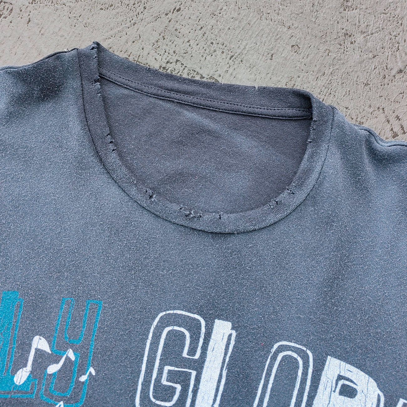 Holy Glory Graphic Tee - Slate Blue Dirty Wash Graffiti Collage Print Distressed Ripped Y2K Streetwear