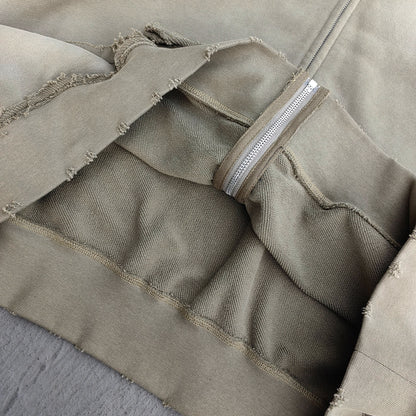 Distressed Zip Up Hoodie - Olive Gradient Wash Frayed Y2K Streetwear