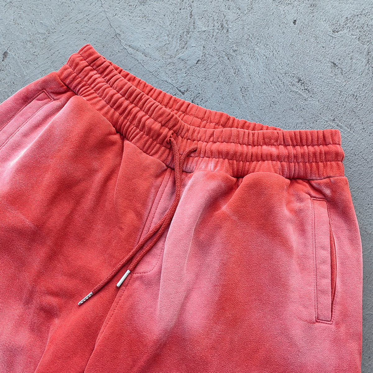 Acid Wash Sweat Shorts - Brick Red Rust Gradient Frayed Hem Raw Edge Y2K Streetwear