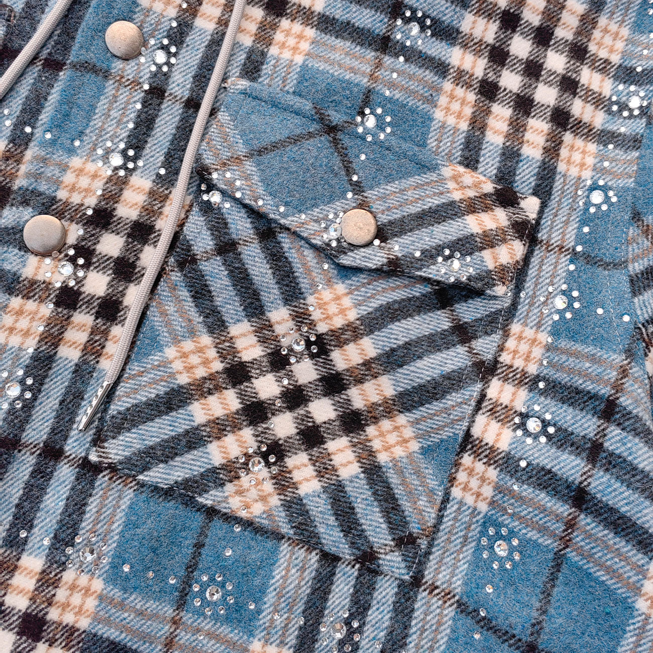 Gothic Embroidered Hooded Flannel - Blue Plaid Rhinestone Snap Button Shacket