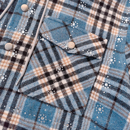 Gothic Embroidered Hooded Flannel - Blue Plaid Rhinestone Snap Button Shacket