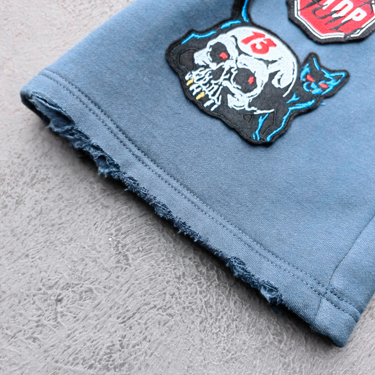 Gray Blue Glory Patch Pants - Multi Badge Embroidered Acid Wash Wide Leg Drawstring Y2K Oversized