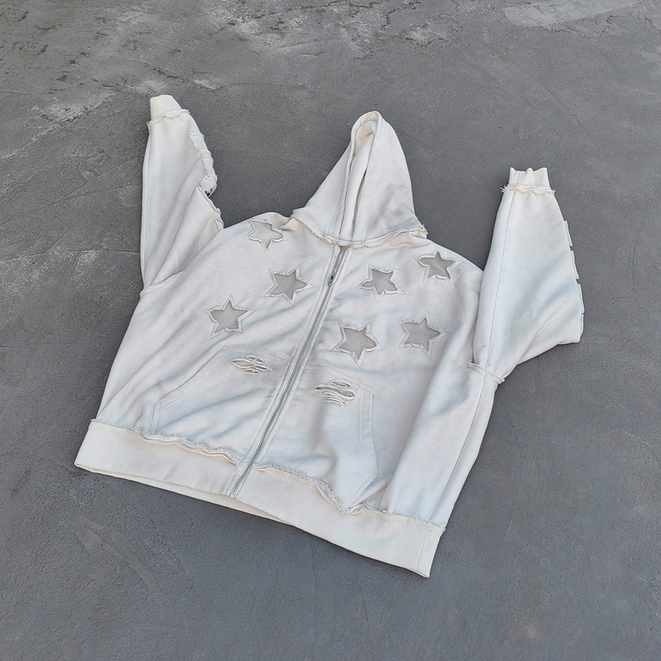 Star Cut-Out Zip Up Hoodie - White Gothic Letter Patch Distressed Y2K Streetwear